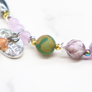 [Moon Lady Amethyst] Tortoiseshell Dzi Bead x Lavender Amethyst x Garden Amethyst x Apatite Bracelet