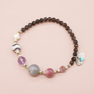 [Moon Lady Amethyst] Water Ripple Dzi Bead x Amethyst x Labradorite x Silver Obsidian Bracelet
