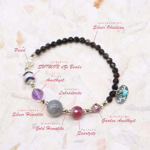 [Moon Lady Amethyst] Water Ripple Dzi Bead x Amethyst x Labradorite x Silver Obsidian Bracelet