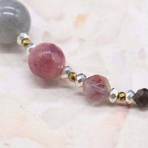 [Moon Lady Amethyst] Water Ripple Dzi Bead x Amethyst x Labradorite x Silver Obsidian Bracelet