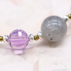 [Moon Lady Amethyst] Water Ripple Dzi Bead x Amethyst x Labradorite x Silver Obsidian Bracelet