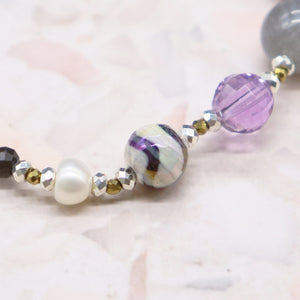 [Moon Lady Amethyst] Water Ripple Dzi Bead x Amethyst x Labradorite x Silver Obsidian Bracelet