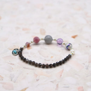 [Moon Lady Amethyst] Water Ripple Dzi Bead x Amethyst x Labradorite x Silver Obsidian Bracelet