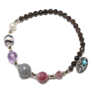 [Moon Lady Amethyst] Water Ripple Dzi Bead x Amethyst x Labradorite x Silver Obsidian Bracelet