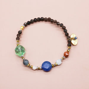 [Deep Sea Party] Aquamarine x Black Aquamarine x Green Fluorite x Silver Obsidian Bracelet