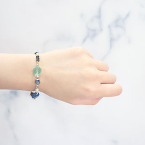 [Deep Sea Party] Aquamarine x Black Aquamarine x Green Fluorite x Silver Obsidian Bracelet
