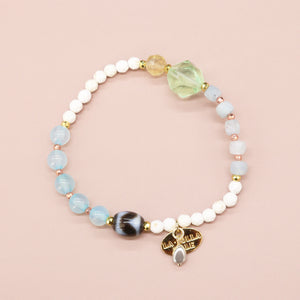 [Deep Sea Party] Tiger Tooth Dzi Bead x Aquamarine x Green Fluorite Bracelet
