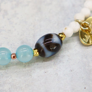 [Deep Sea Party] Tiger Tooth Dzi Bead x Aquamarine x Green Fluorite Bracelet