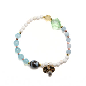 [Deep Sea Party] Tiger Tooth Dzi Bead x Aquamarine x Green Fluorite Bracelet