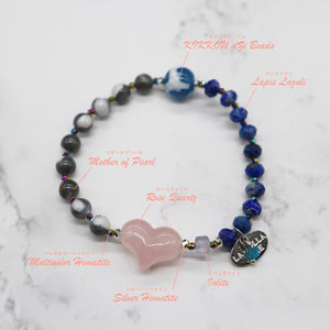 【Blooming Pink Roses】 Tortoiseshell Dzi Bead x Rose Quartz x Lapis Lazuli x Mother of Pearl Bracelet