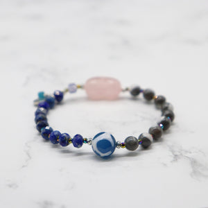 【Blooming Pink Roses】 Tortoiseshell Dzi Bead x Rose Quartz x Lapis Lazuli x Mother of Pearl Bracelet
