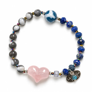 【Blooming Pink Roses】 Tortoiseshell Dzi Bead x Rose Quartz x Lapis Lazuli x Mother of Pearl Bracelet